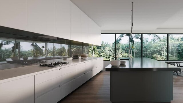 Modern kitchen interior with large windows. Modern kitchen with tropical view. 3d visualization.