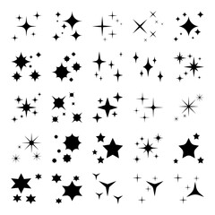 Shiny sparkles silhouettes. twinkle star particles, glitter sparkles and magic sparkle isolated silhouette icons set
