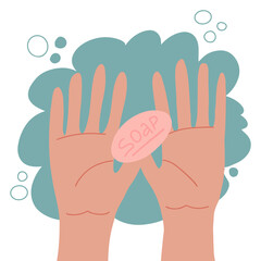 Washing hands with soap. Washing hands with soap to prevent virus and bacteria with steam cloud. Top view.  flat illustration isolated on white background.