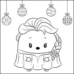 merry Christmas cute princess drawing sketch for coloring with ornaments