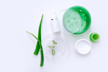 Natural herbal skin care products on white background. Aloe vera products. Top view