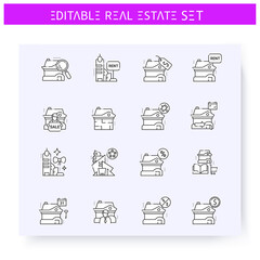 Real estate concept line icons set.Leasing,buying, credit, rental building and more.Real estate,housing business concept.Lease home and housing amenities.Isolated vector illustrations.Editable stroke 