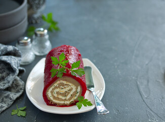 chicken liver pate with berry jelly. Selective focus.