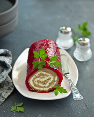 chicken liver pate with berry jelly. Selective focus.