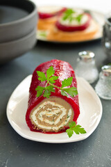 chicken liver pate with berry jelly. Selective focus.