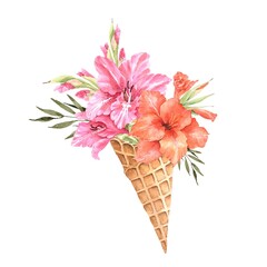 delicate bouquet with pink and orange flowers lily in a waffle cone watercolor illustration on a white background. hand-painted for invitations, decor and design