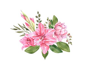 delicate bouquet with pink and orange flowers lily and peony watercolor i illustration on a white background. hand painted for wedding invitations, decor and design