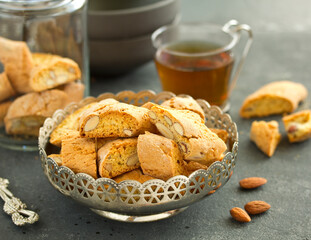 Biscotti - Italian biscuits with almonds. Selective focus.