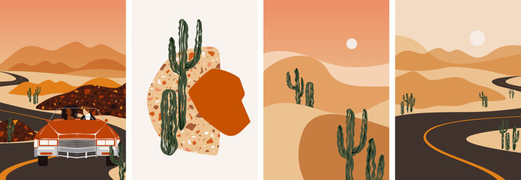 Collection of contemporary abstract art posters. Paper cut male & female, abstract & floral collages, landscape scenes. Design for social media, wallpapers, postcards, prints, romance.