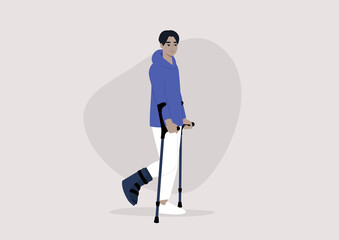 A young male Asian character with a fractured leg using crutches to walk, health care