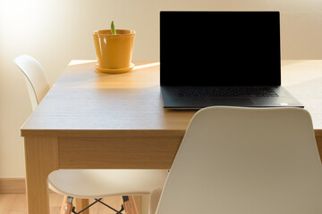 Working scene with a wooden table, design white chairs, black laptop and a small cactus in a yellow pot. Telecommuting atmosphere.