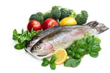 Raw fresh rainbow trout with assortment vegetables and lemons