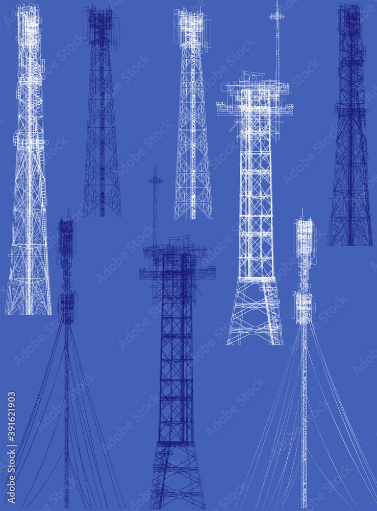 Wall mural group of eighting antenna towers on blue