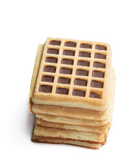 Stack of toasting waffles with chocolate isolated on white