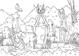 coloring of mystical creatures. characters in the graveyard.