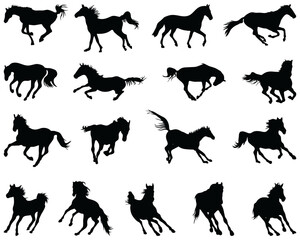 Black silhouettes of horses at a gallop on a white background
