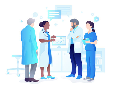 Doctors standing and talking in a hospital office isolated on a white background. Medical illustration about the working day of doctors, nurses and interns