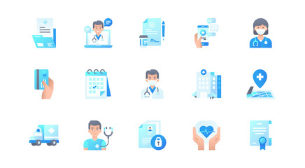 Set of flat vector icons for website, mobile app or graphic design. Medical support, online health care, health insurance, pharmacy, medical services modern elements