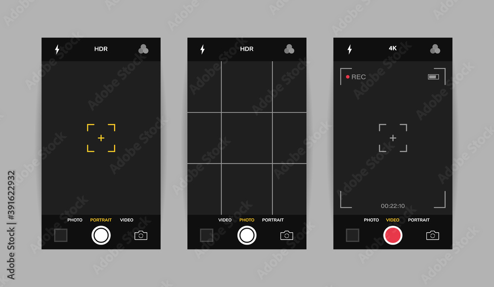 Poster phone camera interface vertical view. mobile app application. photo and video shooting. vector illus