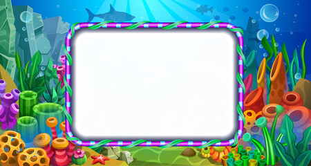 Frame for text on the background of the underwater world with algae, corals, sponges and fish. Graphic field for decoration and design.
