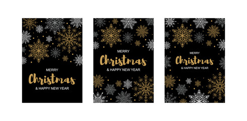 Set of Merry Christmas and New Year vertical greeting cards with beautiful golden snowflakes on black background. Frame with space for text