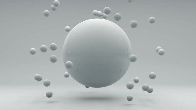Abstract 3D animation of a white sphere from which small balls are born and fly apart. animation with the ability of continuous playback.