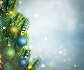Christmas lights and pine branches and snow. Winter. Christmas. Blue festive winter background.