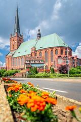 The Cathedral Basilica of St James the Apostle, church was established in 1187 and completed in XIV century. It has 110m high tower, Szczecin, Poland - obrazy, fototapety, plakaty