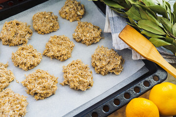 Photo recipe for delicious homemade oatmeal cookies with coconut in the oven