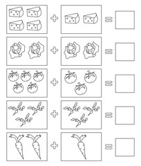 Educational game for kids. Coloring page. Solve math examples for addition. Fold food