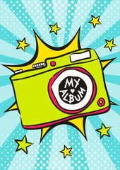 Children's photo book cover in pop art style. Bright wrapper for photo album. Template for the design of frames, posters, cards, stickers. Vector illustration.