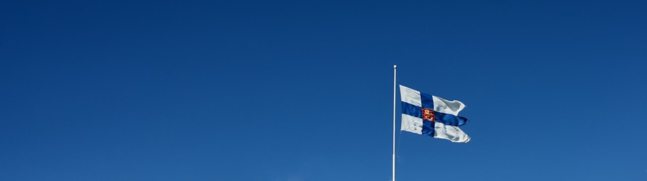 Finland state flag with national coat of arms against clear blue sky, close-up. Texture, background, wallpaper, graphic resources, design, 3D, copy space. Patriotism, identity, symbol