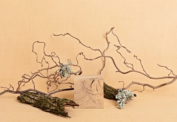 Empty wooden podium for products presentation. Display stand over neutral color background. Natural...