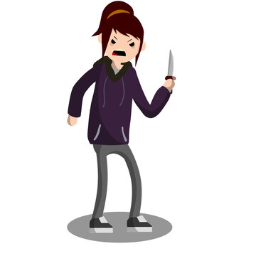 Angry young woman with knife. The Street Crime. A criminal girl offender. A robber thief in hoodie. Urban security problem - Cartoon flat illustration