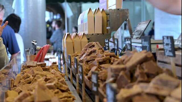 Fudge on sale at a street food stall in Borough Market, London