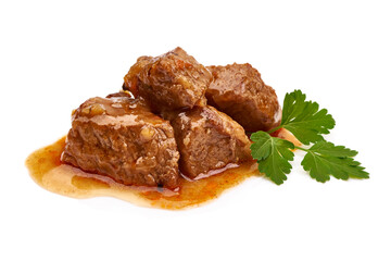 Beef stew, traditional homemade goulash, Hungarian bograch, isolated on white background