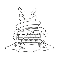 Santa Claus stuck in the chimney. Merry Christmas and Happy New Year. Black and white illustration for coloring book