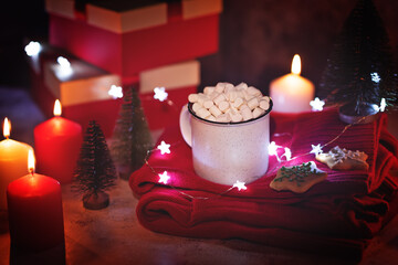 Winter Christmas holidays background with Cup of cocoa or hot chocolate with Christmas cookies and Christmas light