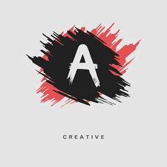 Hand drawn Letter A Logo on colorful brush strokes background. Initial white paint brush stroke letter A Logo Design. Creative template for logotype, emblem, monogram, jewelry, cosmetic or brand name.