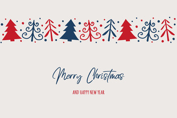 Christmas card with hand drawn trees and wishes. Xmas background. Vector