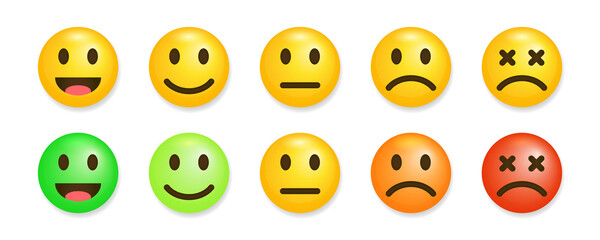 Satisfaction rate icons vector illustration Feedback in form of emotions. Consumer review scale, user experience indicator. Expresion on faces from sad mood to happy.