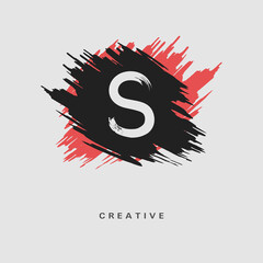 Hand drawn Letter S Logo on colorful brush strokes background. Initial white paint brush stroke letter S Logo Design. Creative template for logotype, emblem, monogram, jewelry, cosmetic or brand name.