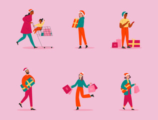 Collection of happy people with presents and gifts. Set of different man, woman and child with trolley, shopping bag and boxes.Young people taking part in seasonal sale at mall and choose gifts. 