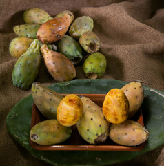 Prickly pears on a piece of jute 
