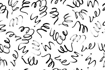 Black paint brush strokes vector seamless pattern. Hand drawn curved and wavy lines with grunge circles. Black paint swirled line vector seamless pattern. Swatch in panel, not cropped