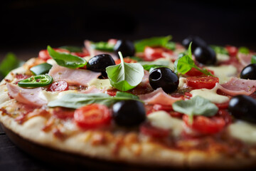 Pizza with ham, mozzarella cheese, cherry tomatoes, green and jalapeno pepper, black olives and fresh basil. Dark background. Close up.