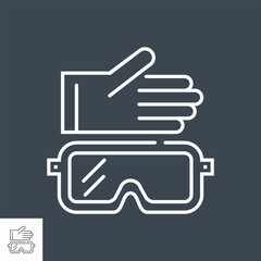 Protective cloth related vector thin line icon. Glove and safety glasses. Isolated on black background. Editable stroke. Vector illustration.