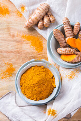 Turmeric root curcuma longa powder, superfood, spices