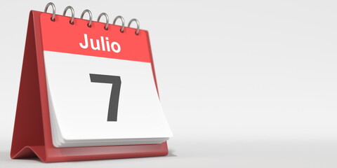 July 7 date written in Spanish on the flip calendar, 3d rendering