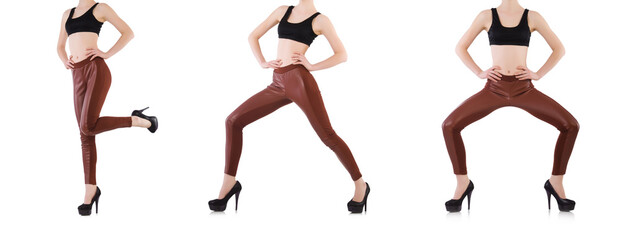 Woman legs wearing long stockings isolated on white
